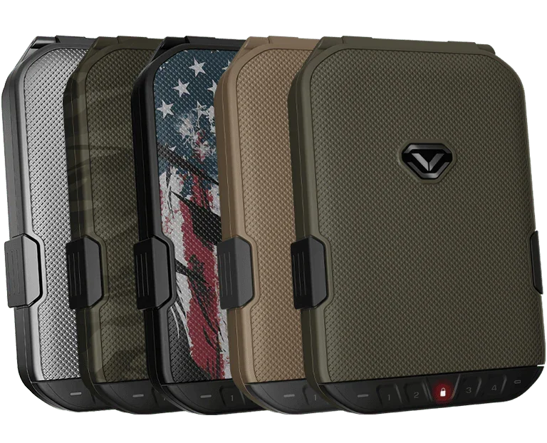 Four compact portable safes in various colors and patterns, textured surface, keypad lock