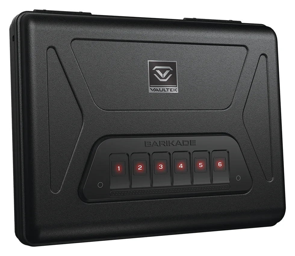 Black biometric safe with illuminated keypad and robust metal construction