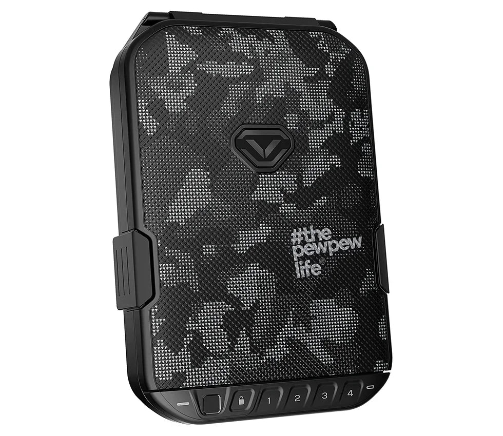 Black biometric safe with digital keypad and camo pattern, compact portable security box