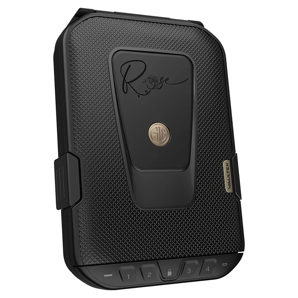 Black biometric travel safe with textured surface, keypad, and Rose script design on lid.