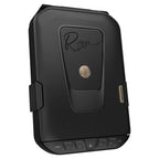Black biometric travel safe with textured surface, keypad, and Rose script design on lid.