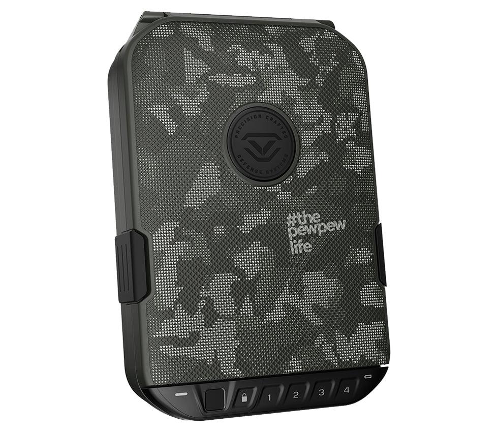 Camouflage biometric safe with keypad and textured exterior, front view