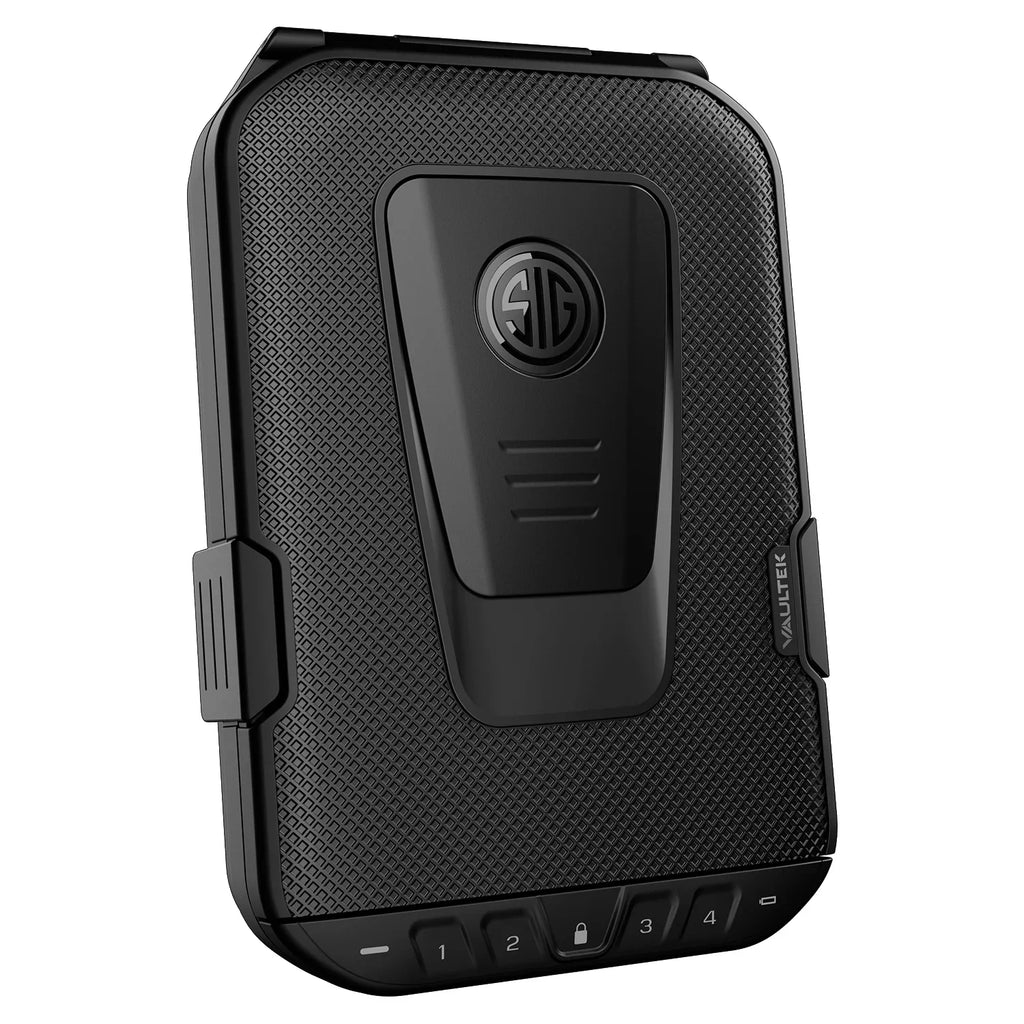 Black portable biometric safe with keypad, textured surface, and front logo, shown angled view.