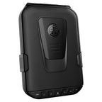 Black portable biometric safe with keypad, textured surface, and front logo, shown angled view.