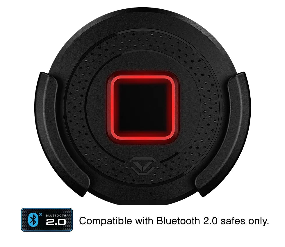 Circular biometric fingerprint scanner with red LED, compatible with Bluetooth 2.0 safe.