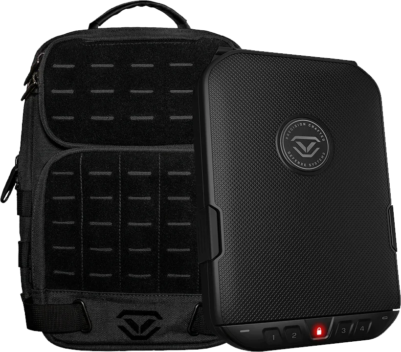Black tactical backpack and portable biometric safe with keypad, bundle set