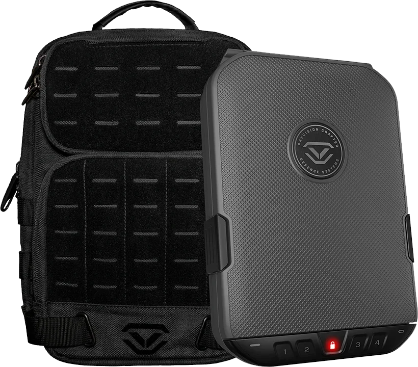 Gray biometric portable safe and black tactical backpack bundle on white background