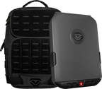 Gray biometric portable safe and black tactical backpack bundle on white background