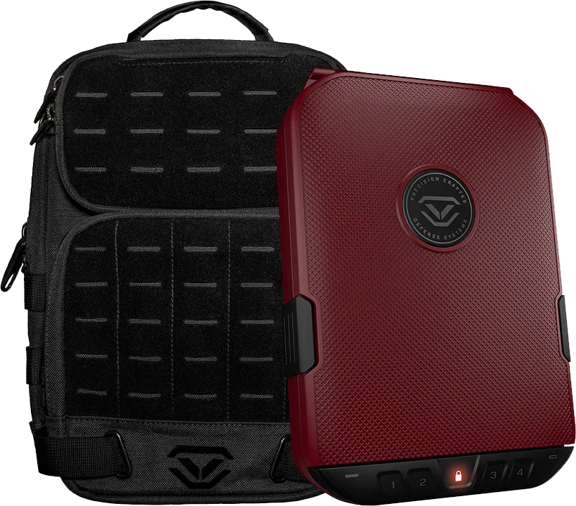 Red biometric safe with keypad in front of a black tactical backpack