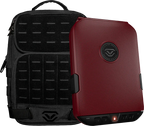 Red biometric safe with keypad in front of a black tactical backpack