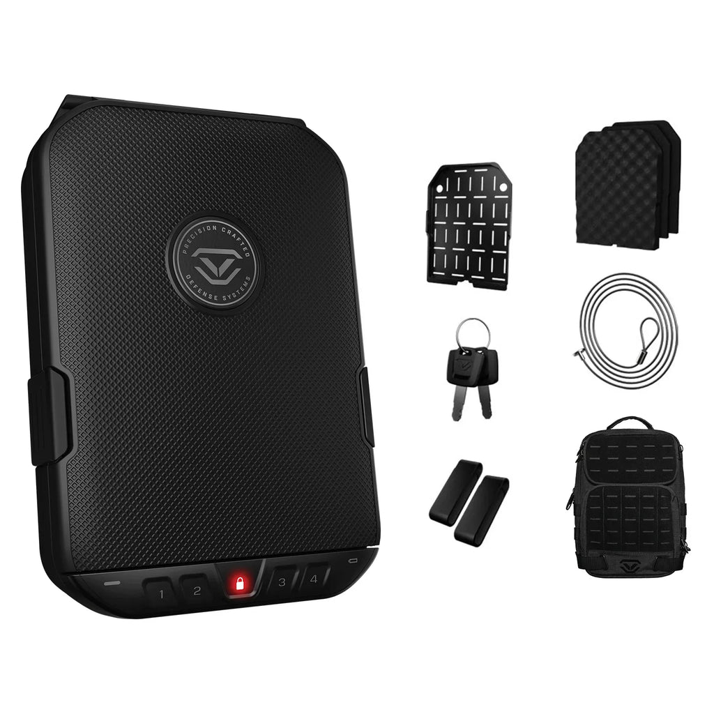 Black portable biometric safe with keypad, keys, security cable, and accessories against white background.