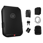 Black portable biometric safe with keypad, keys, security cable, and accessories against white background.