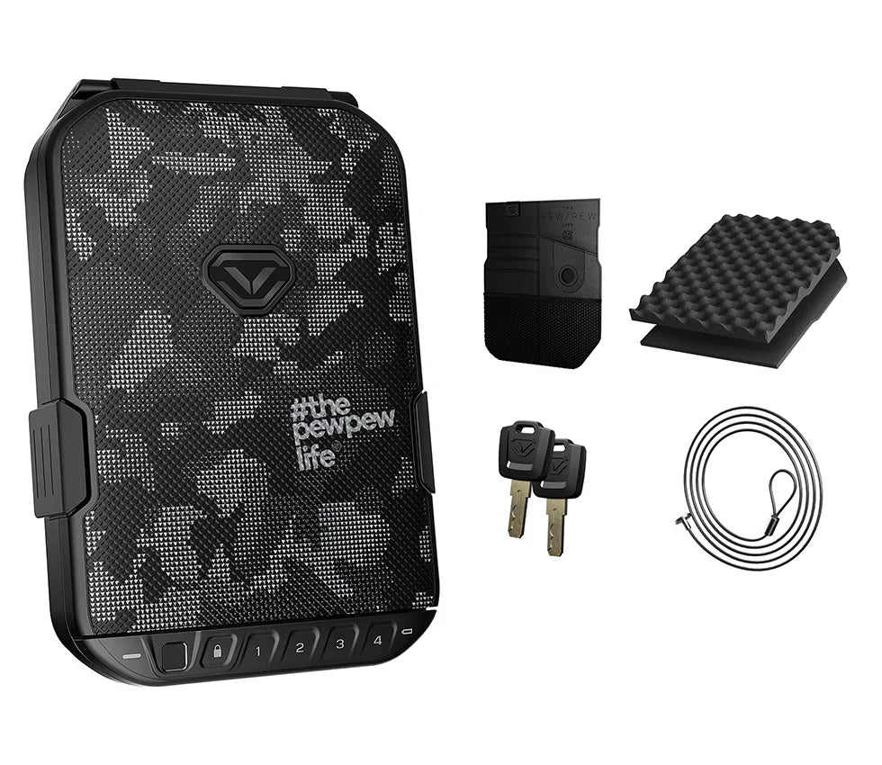 Biometric portable safe with black camo design, keys, cable, foam pad, and charging adapter included