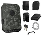 Camouflage portable biometric safe with included mounting plate, foam, keys, cable, and accessories.