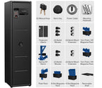Tall biometric safe with keypad, keys, accessories, magazine racks, and mounting hardware included.