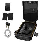 Open biometric travel safe with foam interior, handgun, magazine, backup keys, and security cable