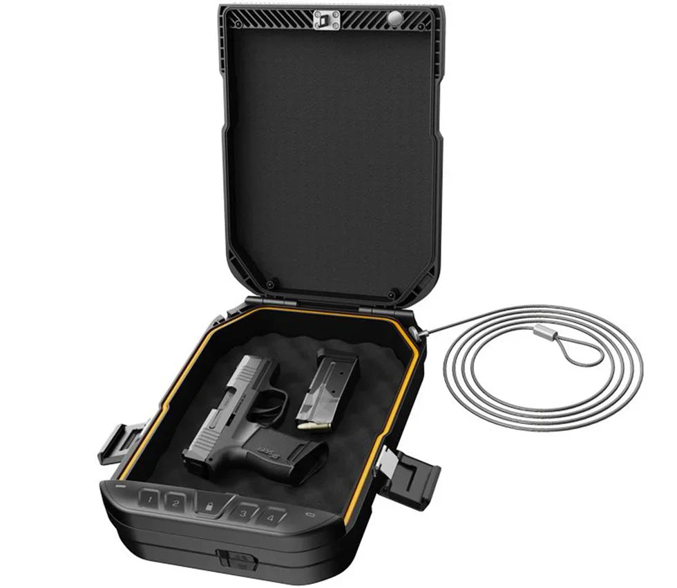 Open portable biometric safe with keypad, handgun, magazine, and security cable visible