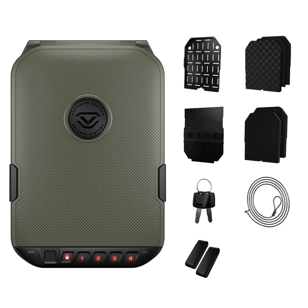 Biometric portable safe in sandstone color with keypad, accessories, and security cable included