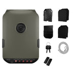 Biometric portable safe in sandstone color with keypad, accessories, and security cable included