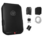 Black portable biometric safe with keypad, keys, cable, foam pads, and mounting plate
