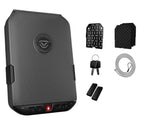Portable biometric safe bundle with keypad, keys, cable, foam pads, and mounting accessories