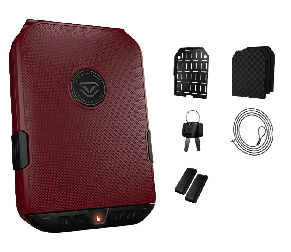 Red portable biometric safe with keypad, keys, mounting plate, foam inserts, and security cable.