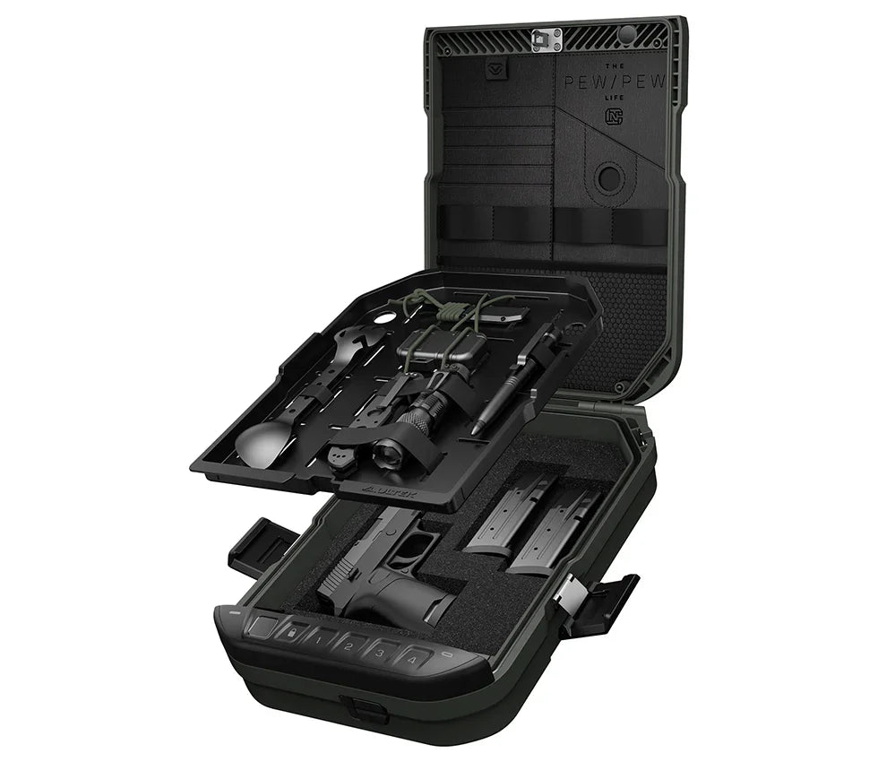 Open biometric safe with foam interior, organizer tray, and keypad, holding gear and tools.