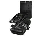 Open biometric safe with foam interior, organizer tray, and keypad, holding gear and tools.