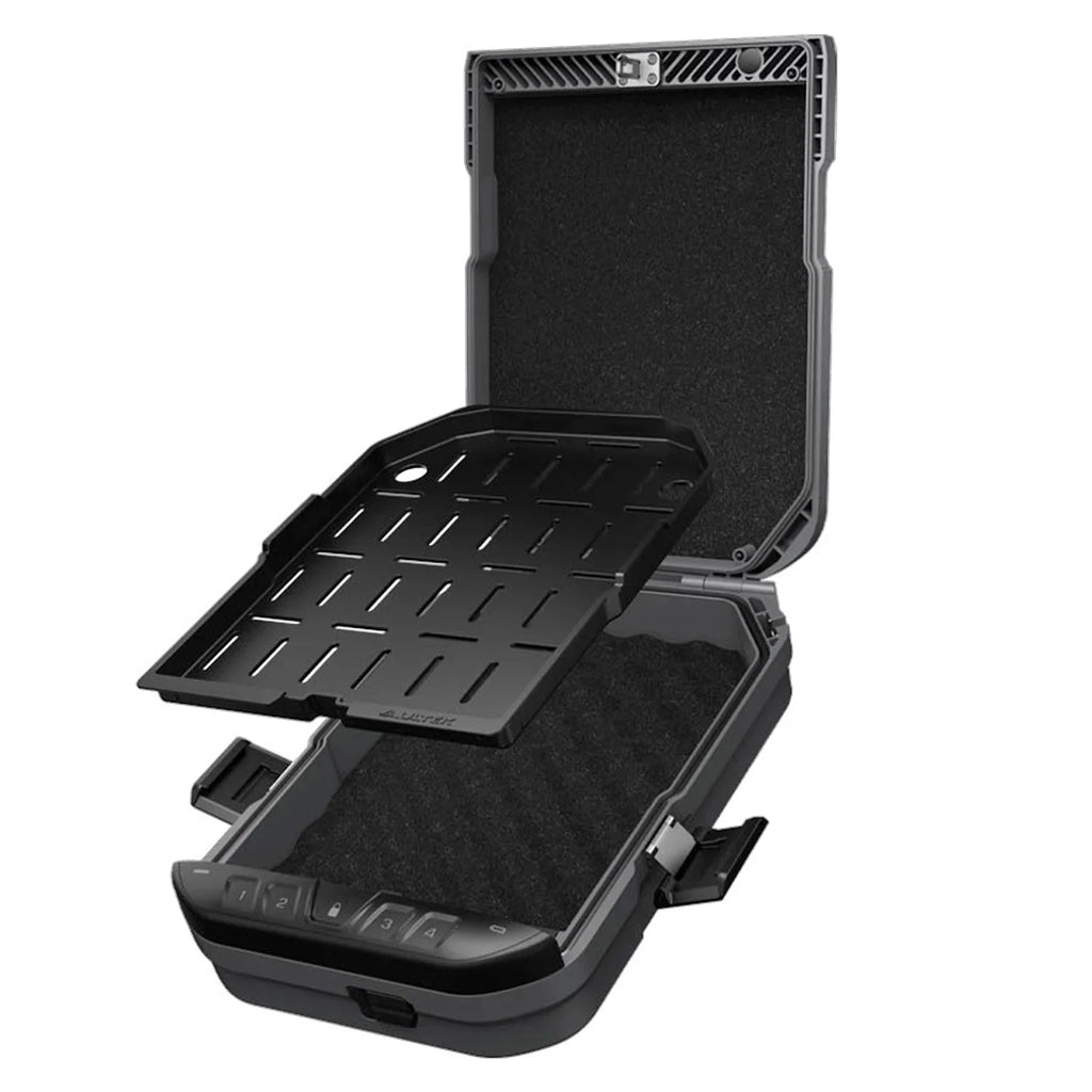 Open biometric safe with removable interior tray and padded lining, keypad visible on front.