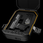 Biometric handgun safe with keypad, holding a compact pistol and magazine insert.