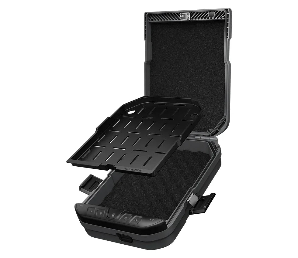 Open portable biometric safe with removable interior tray and foam lining.
