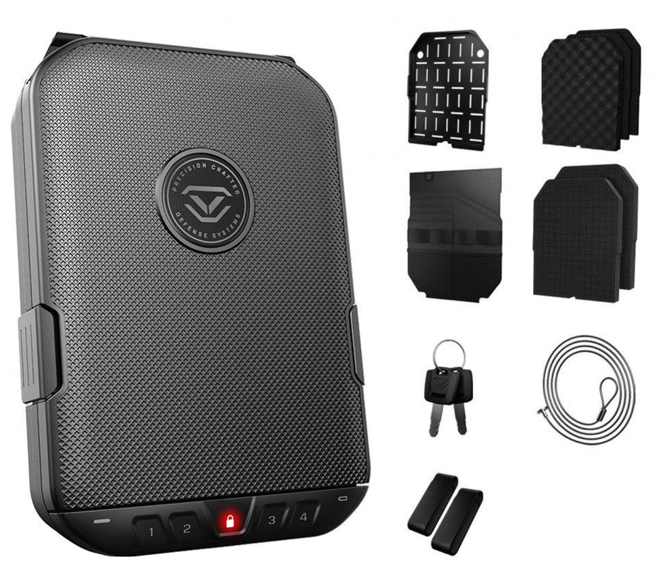 Portable black biometric safe with keypad, keys, cable, and accessory pads displayed