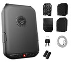 Portable black biometric safe with keypad, keys, cable, and accessory pads displayed
