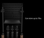 Black modular safe storage shelf with pegboard panel, holding items, stores up to 7lbs.