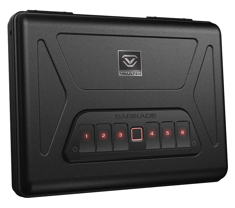 Black biometric keypad safe with illuminated buttons, durable design for secure storage
