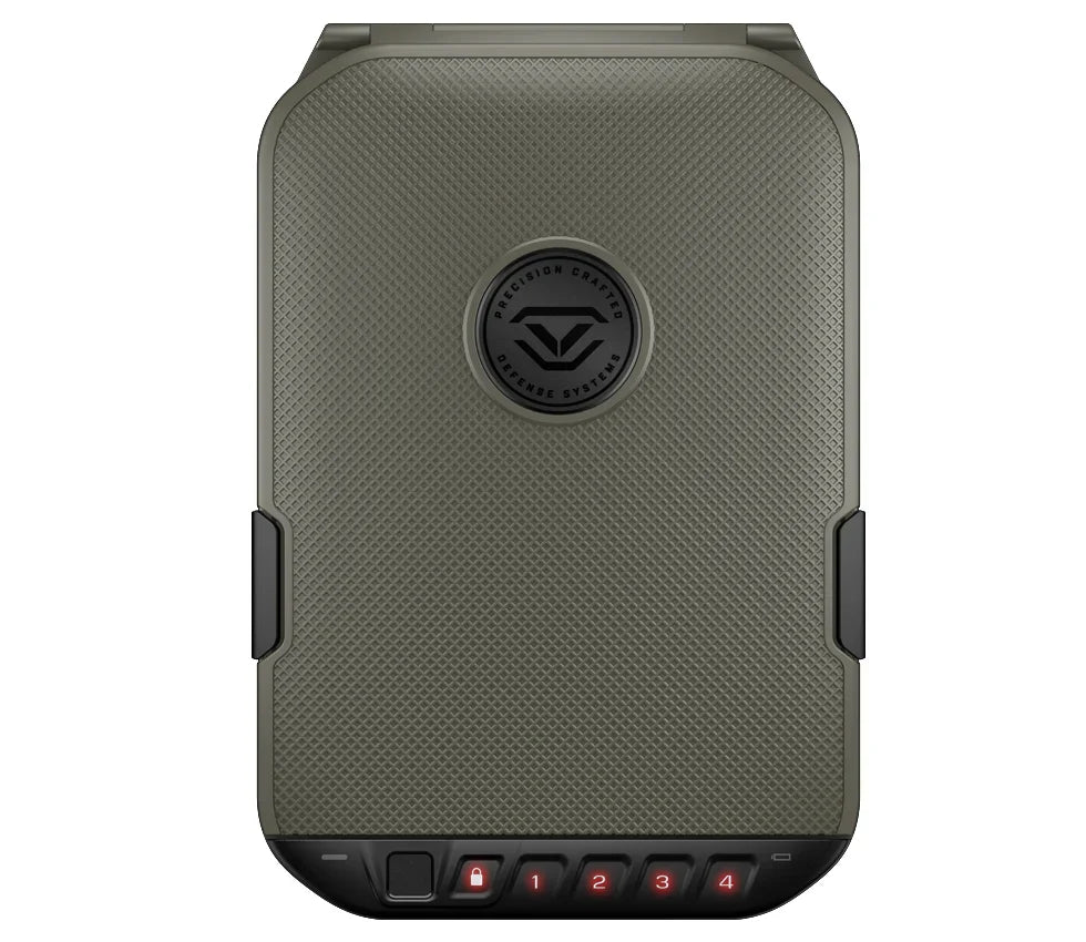 Textured portable safe with keypad and circular emblem, secure travel storage device