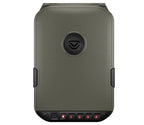 Textured portable safe with keypad and circular emblem, secure travel storage device