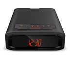 Black biometric safe with digital clock display and keypad, home security device