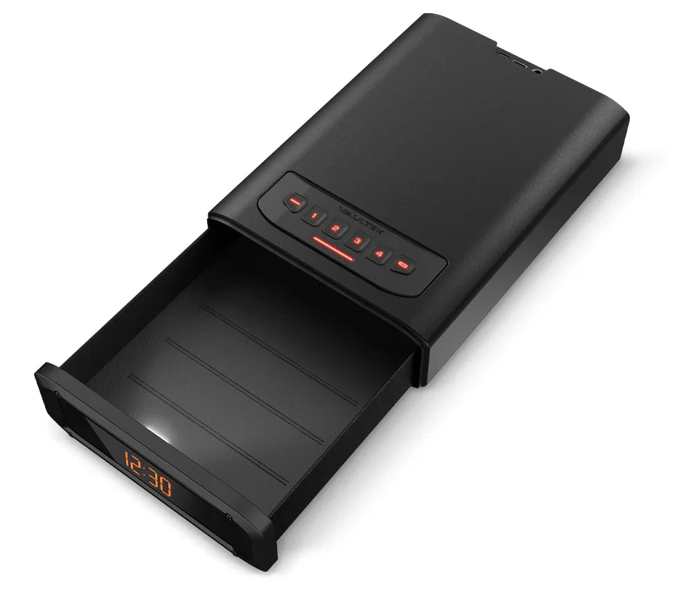 Black biometric safe with digital keypad, open drawer, and built-in digital clock display