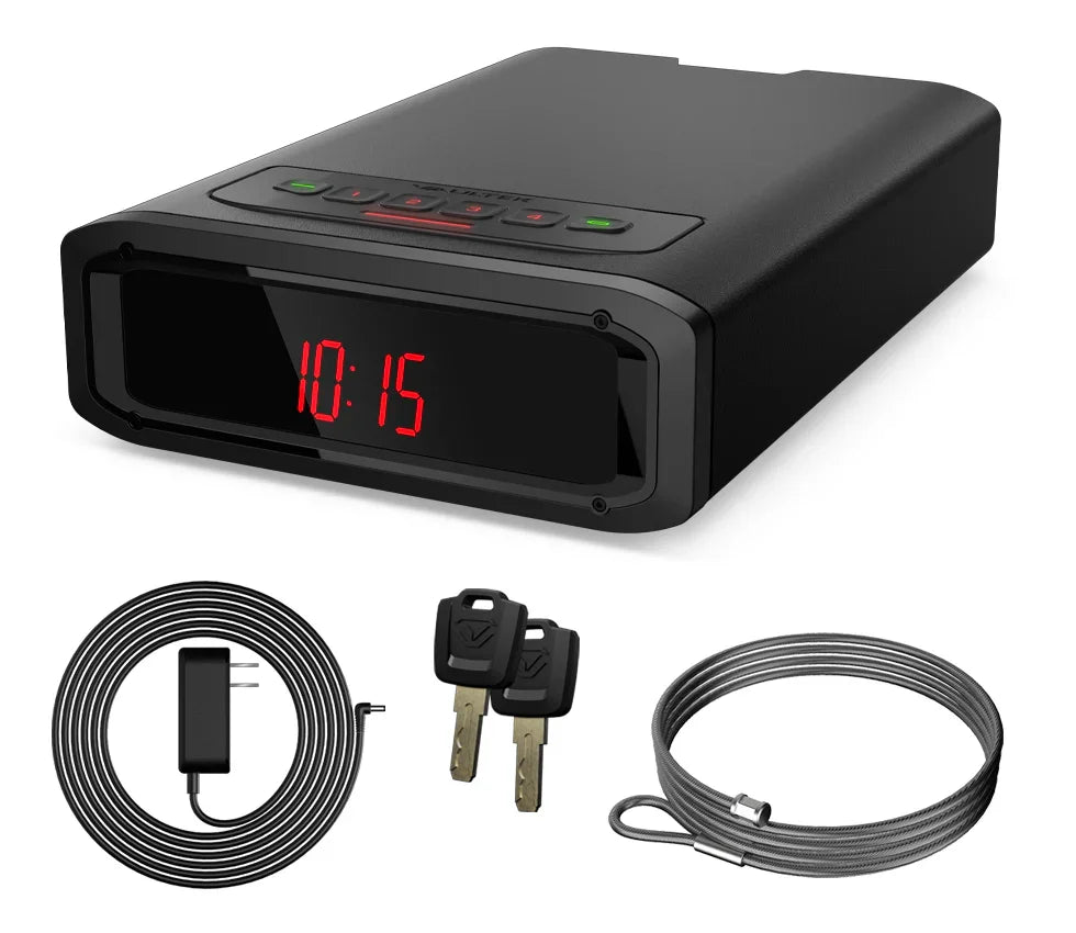 Black biometric safe with digital clock display, power adapter, security cable, and keys.