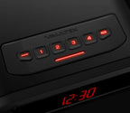 Closeup of digital keypad and clock display on a black biometric safe with red LED lights.