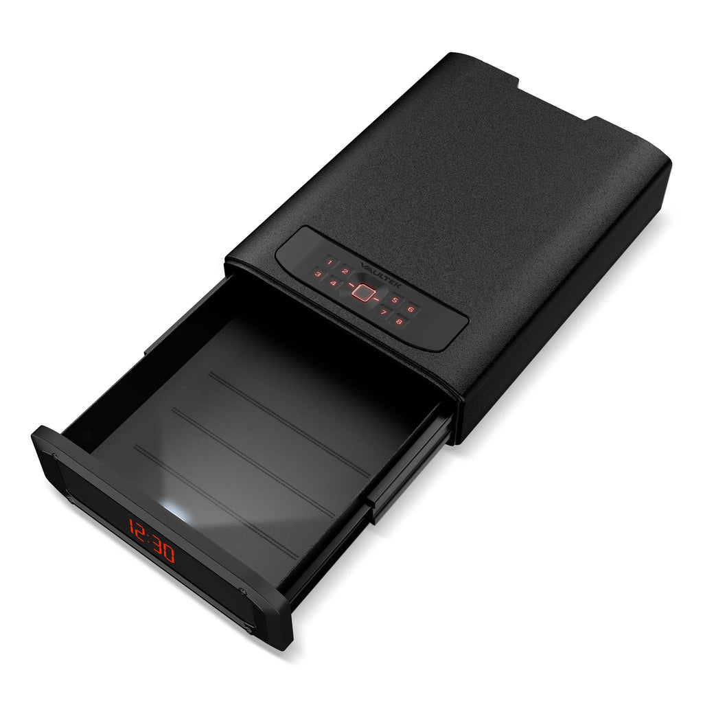 Black biometric safe with digital keypad and open drawer, modern home security device