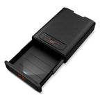 Black biometric safe with digital keypad and open drawer, modern home security device