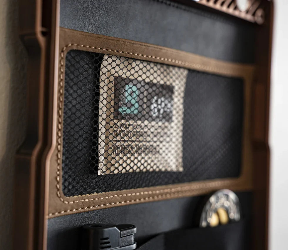 Close-up of interior safe door with mesh pocket for organized storage