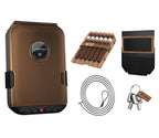 Portable cigar humidor safe with cigars, tray, security cable, and keys