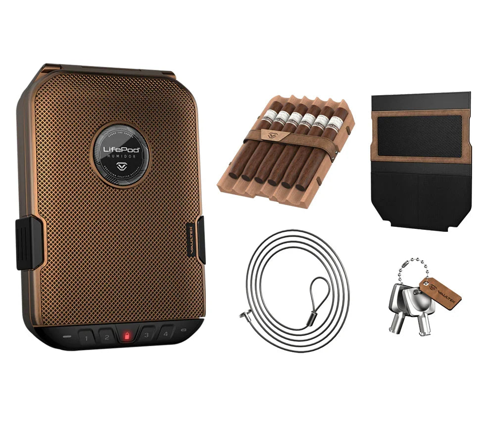 Portable LifePod humidifier case with cigars, cable, keys, and accessory pouch