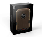 Gold biometric safe with digital keypad in retail packaging, shown on a white background.