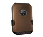 Copper portable safe with keypad, locking mechanism, and textured exterior, isolated on white background.