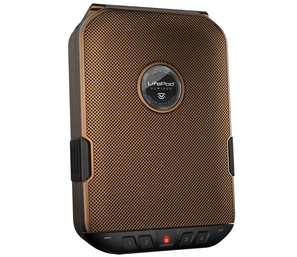 Metallic portable safe with numeric keypad and circular LifePod Humidor logo on front