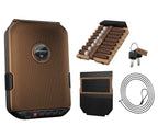 Biometric portable safe with cigar holder, keys, security cable, and accessory pouch